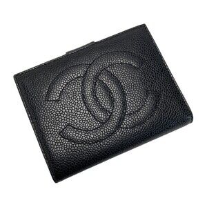 CHANEL Coco Mark Clasp Bi fold Wallet Black Caviar Leather